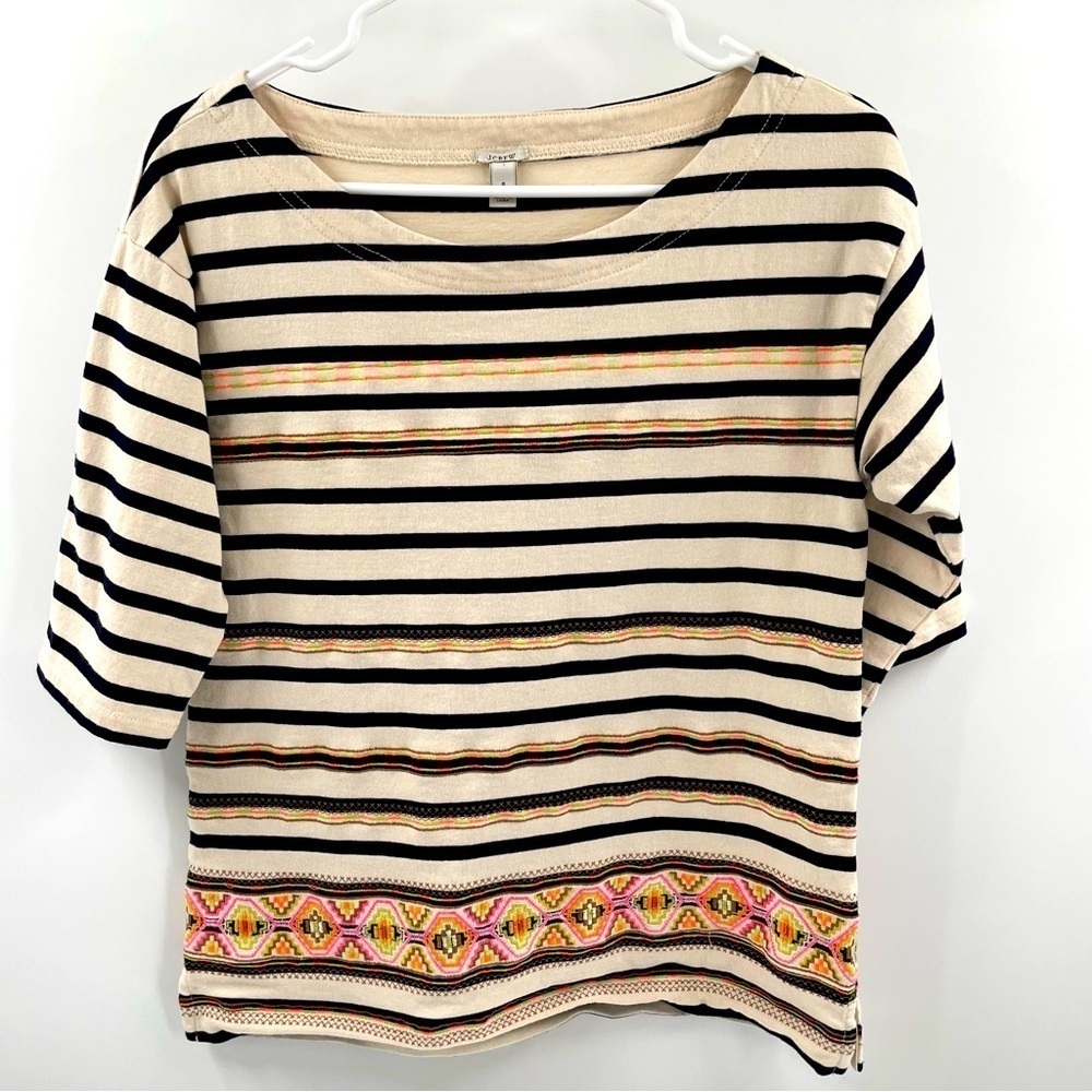 J Crew Short Sleeve Cotton Striped Embroidered Aztec Pullover Boat Neck Top